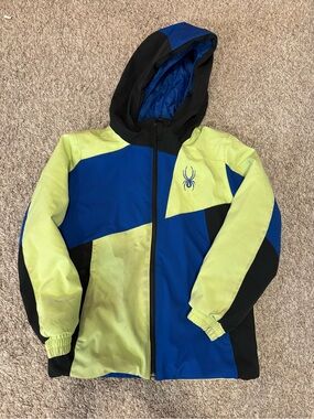 Spyder Neon Yellow and Blue winter Ski Jacket Label